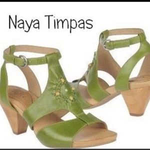 Naya Timpas Green Leather Beaded T-Strap cone heel sandals Size 8.5!!